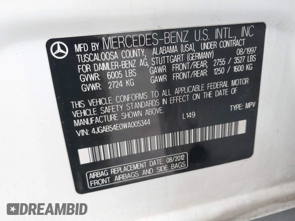 1998 Mercedes-Benz M-Class with VIN 4JGAB54E0WA005344, listed as a IAAI auction lot 37837508 with 159,933 mi miles. Bid and sale history available at carsss.com. Image 9.