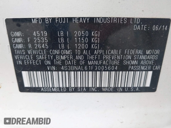 2015 Subaru Legacy 2.5i Limited with VIN 4S3BNAL61F3005604, listed as a IAAI auction lot 42086123 with 52,488 mi miles. Bid and sale history available at carsss.com. Image 9.