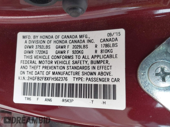 2015 Honda Civic EX with VIN 2HGFB2F8XFH562376, listed as a IAAI auction lot 41947465 with 73,040 mi miles and . Bid and sale history available at carsss.com. Image 9.