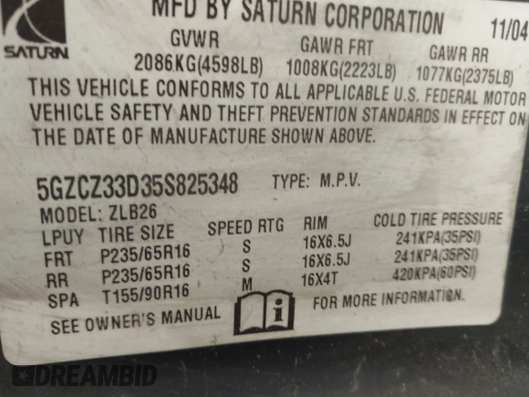 2005 Saturn VUE with VIN 5GZCZ33D35S825348, listed as a IAAI auction lot 42074908 with 141,340 mi miles. Bid and sale history available at carsss.com. Image 9.