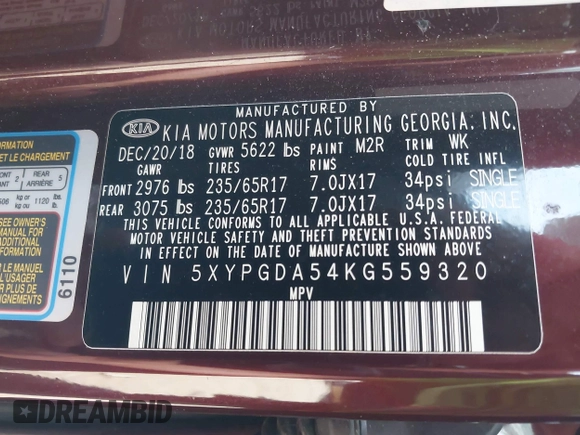 2019 Kia Sorento S V6 with VIN 5XYPGDA54KG559320, listed as a IAAI auction lot 40754605 with 68,555 mi miles. Bid and sale history available at carsss.com. Image 9.