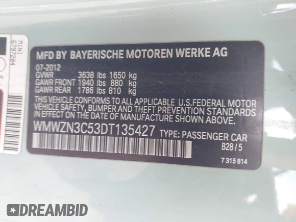 2013 MINI Convertible z VIN WMWZN3C53DT135427, wystawiony jako IAAI lot #41954817 z przebiegiem 57 029 mil mil oraz . Historia ofert i sprzedaży dostępna na DreamBid. Obrazek 9.