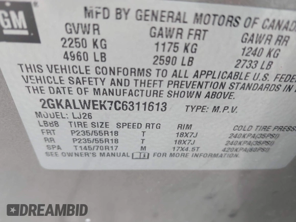 2012 GMC Terrain SLT-2 with VIN 2GKALWEK7C6311613, listed as a IAAI auction lot 41584890 with 119,790 mi miles and . Bid and sale history available at DreamBid. Image 9.