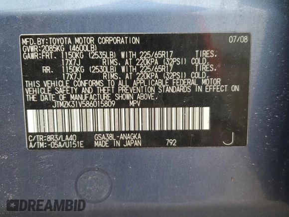 2008 Toyota RAV4 Limited with VIN JTMZK31V586015809, listed as a Copart auction lot 55069405 with 327,465 mi miles and Salvage title. Bid and sale history available at DreamBid. Image 12.