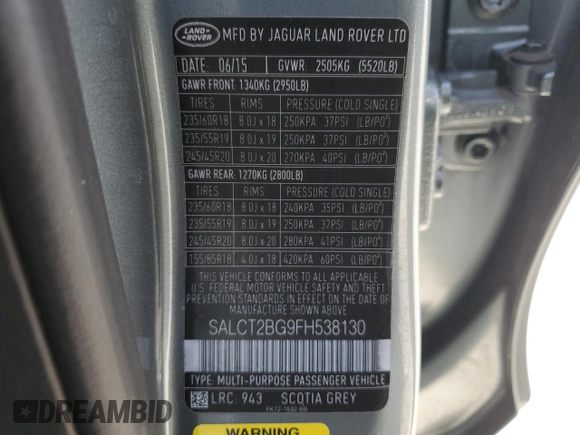 2015 Land Rover Discovery Sport HSE Luxury with VIN SALCT2BG9FH538130, listed as a Copart auction lot 51803285 with 66,434 mi miles and Salvage Title. Bid and sale history available at carsss.com. Image 14.