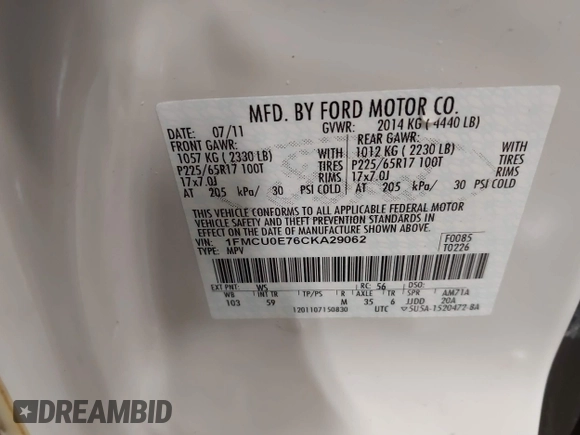 2012 Ford Escape Limited with VIN 1FMCU0E76CKA29062, listed as a IAAI auction lot 42205099 with 103,424 mi miles and . Bid and sale history available at DreamBid. Image 9.