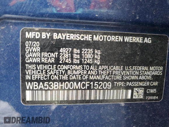 2021 BMW 5 Series 530i with VIN WBA53BH00MCF15209, listed as a Copart auction lot 89083835 with Not provided miles and Salvage title. Bid and sale history available at DreamBid. Image 15.