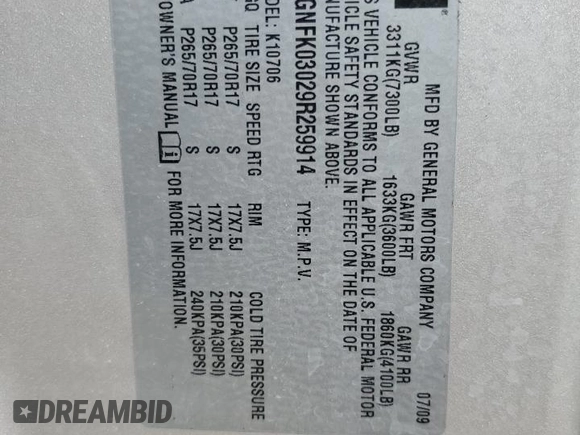 2009 Chevrolet Tahoe Special Service z VIN 1GNFK03029R259914, wystawiony jako Copart lot #55276375 z przebiegiem 270 266 mil mil oraz Szkoda całkowita • Salvage title. Historia ofert i sprzedaży dostępna na DreamBid. Obrazek 12.