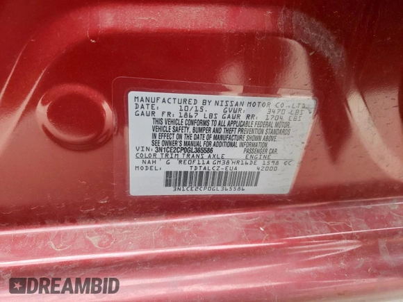2016 Nissan Note S Plus with VIN 3N1CE2CP0GL365586, listed as a Copart auction lot 51807465 with 108,312 mi miles and Salvage Title. Bid and sale history available at DreamBid. Image 15.
