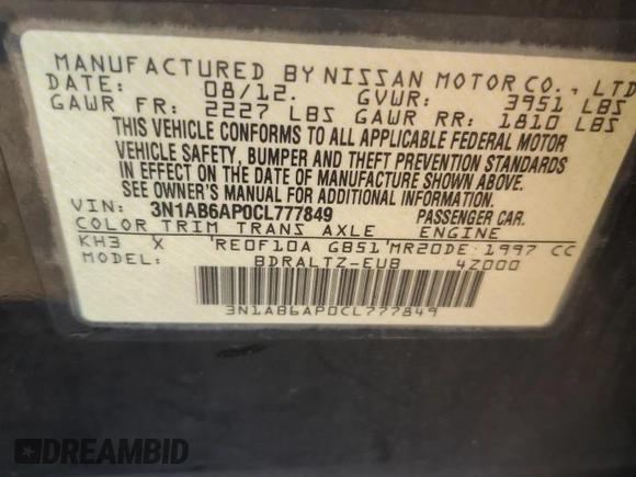 2012 Nissan Sentra S z VIN 3N1AB6AP0CL777849, wystawiony jako Copart lot #65774725 z przebiegiem 208 760 mil mil oraz Szkoda całkowita • Salvage title. Historia ofert i sprzedaży dostępna na DreamBid. Obrazek 12.