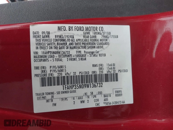 2009 Ford Focus SE with VIN 1FAHP35N09W136732, listed as a IAAI auction lot 42061783 with 143,993 mi miles. Bid and sale history available at carsss.com. Image 9.