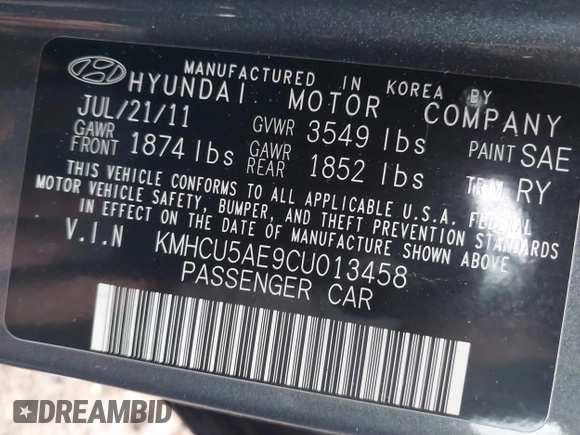 2012 Hyundai Accent SE with VIN KMHCU5AE9CU013458, listed as a IAAI auction lot 41475986 with 88,592 mi miles. Bid and sale history available at carsss.com. Image 9.