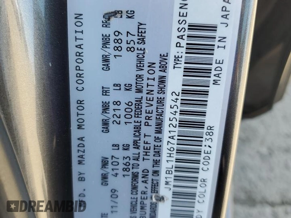 2010 Mazda 3 S Sport with VIN JM1BL1H67A1254542, listed as a Copart auction lot 55665465 with 214,835 mi miles and Salvage Title. Bid and sale history available at DreamBid. Image 12.