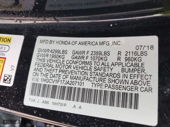 2018 Honda Accord Sedan LX 1.5T with VIN 1HGCV1F17JA207101, listed as a IAAI auction lot 41787150 with 83,020 mi miles. Bid and sale history available at carsss.com. Image 9.