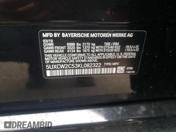 2019 BMW X7 xDrive40i with VIN 5UXCW2C53KL082322, listed as a Copart auction lot 72996354 with 47,032 mi miles and Clean Title. Bid and sale history available at carsss.com. Image 13.