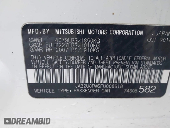 2015 Mitsubishi Lancer GT with VIN JA32U8FW5FU008618, listed as a IAAI auction lot 41290204 with 115,854 mi miles. Bid and sale history available at carsss.com. Image 9.
