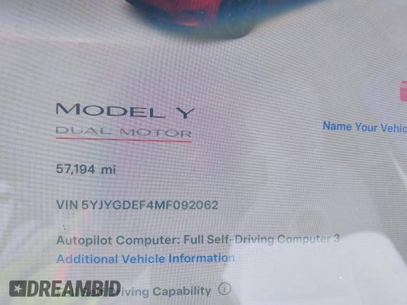 2021 Tesla Model Y Performance with VIN 5YJYGDEF4MF092062, listed as a IAAI auction lot 41583793 with 57,194 mi miles and . Bid and sale history available at DreamBid. Image 7.