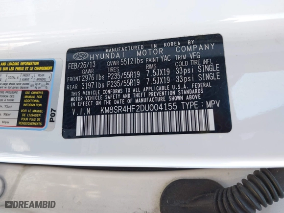 2013 Hyundai Santa Fe Limited with VIN KM8SR4HF2DU004155, listed as a IAAI auction lot 41420491 with 125,988 mi miles. Bid and sale history available at carsss.com. Image 9.