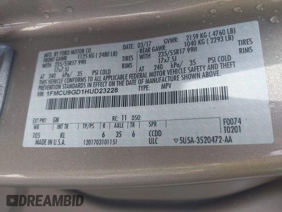 2017 Ford Escape SE with VIN 1FMCU9GD1HUD23228, listed as a IAAI auction lot 42074213 with 115,757 mi miles. Bid and sale history available at carsss.com. Image 9.