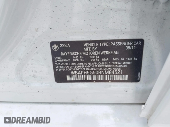 2011 BMW 3 Series 328i with VIN WBAPH5G50BNM84521, listed as a IAAI auction lot 42420705 with 124,351 mi miles and . Bid and sale history available at DreamBid. Image 9.