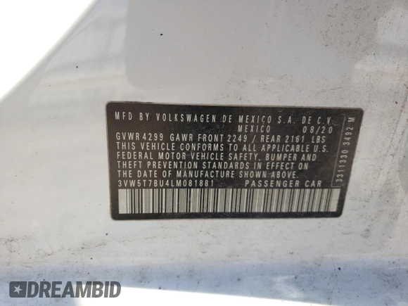2020 Volkswagen Jetta GLI S z VIN 3VW5T7BU4LM081881, wystawiony jako Copart lot #75227324 z przebiegiem 73 188 mil mil oraz Szkoda całkowita • Salvage title. Historia ofert i sprzedaży dostępna na DreamBid. Obrazek 13.