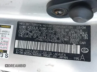 2004 Lexus IS 300/350 z VIN JTHBD192940089871, wystawiony jako IAAI lot #41411356 z przebiegiem Nie podano mil oraz . Historia ofert i sprzedaży dostępna na DreamBid. Obrazek 9.
