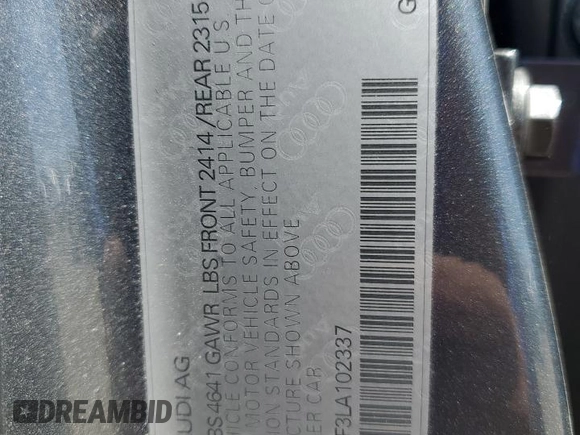 2020 Audi A3 S line Premium with VIN WAUBEGFF3LA102337, listed as a Copart auction lot 56557414 with 36,473 mi miles and Salvage Title. Bid and sale history available at DreamBid. Image 14.