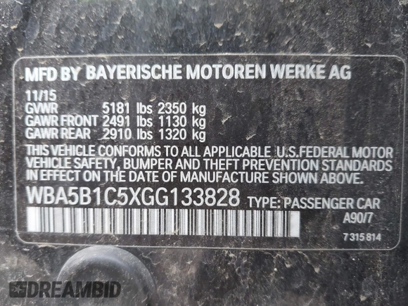 2016 BMW 5 Series 535i with VIN WBA5B1C5XGG133828, listed as a IAAI auction lot 39934390 with 83,248 mi miles and . Bid and sale history available at DreamBid. Image 9.