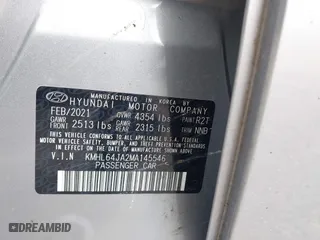 2021 Hyundai Sonata SEL with VIN KMHL64JA2MA145546, listed as a IAAI auction lot 41665569 with 42,164 mi miles. Bid and sale history available at carsss.com. Image 9.