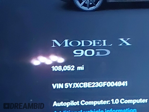 2016 Tesla Model X 70D with VIN 5YJXCBE23GF004941, listed as a IAAI auction lot 41706603 with 108,052 mi miles and . Bid and sale history available at DreamBid. Image 15.