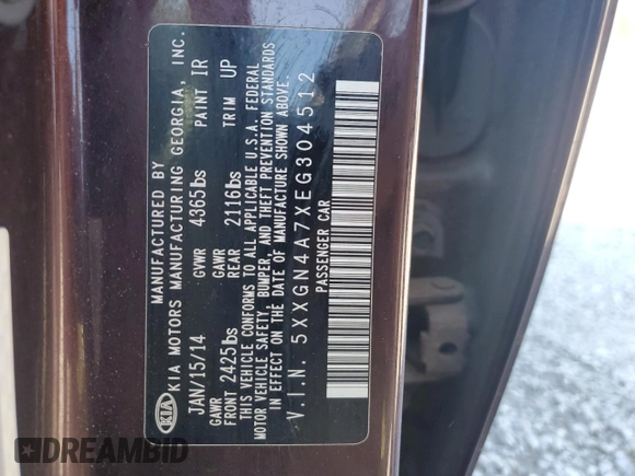 2014 Kia Optima EX z VIN 5XXGN4A7XEG304512, wystawiony jako Copart lot #50656505 z przebiegiem 141 746 mil mil oraz Szkoda całkowita • Salvage title. Historia ofert i sprzedaży dostępna na DreamBid. Obrazek 14.