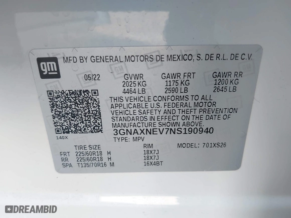 2022 Chevrolet Equinox Premier with VIN 3GNAXNEV7NS190940, listed as a IAAI auction lot 41499376 with 77,781 mi miles. Bid and sale history available at carsss.com. Image 9.