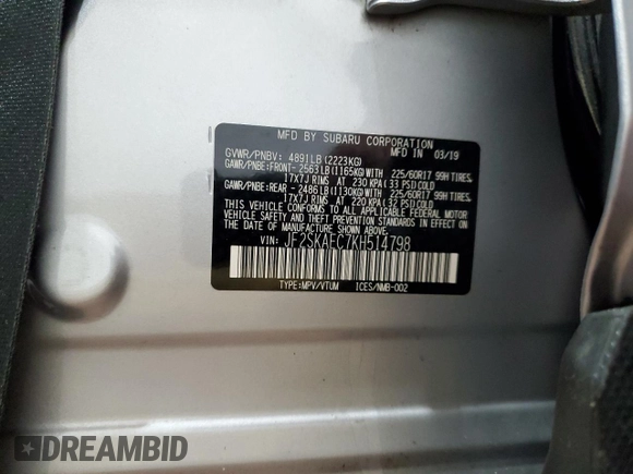 2019 Subaru Forester Premium with VIN JF2SKAEC7KH514798, listed as a Copart auction lot 53285065 with 56,146 mi miles and Salvage title. Bid and sale history available at DreamBid. Image 14.