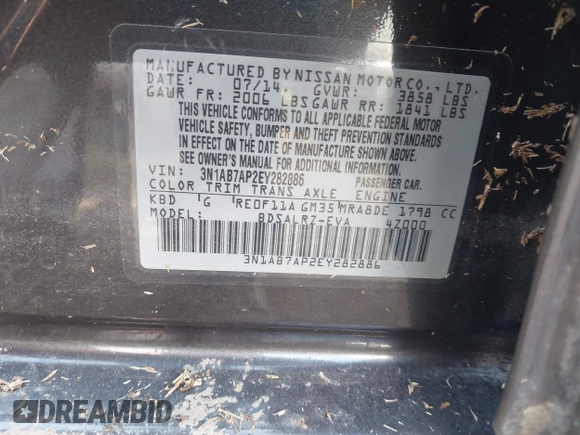 2014 Nissan Sentra SV with VIN 3N1AB7AP2EY282886, listed as a IAAI auction lot 41935027 with 122,032 mi miles and . Bid and sale history available at DreamBid. Image 9.