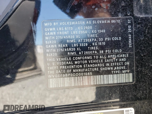 2013 Volkswagen Touareg Lux with VIN WVGEF9BP0DD001565, listed as a Copart auction lot 63070845 with 123,788 mi miles and Salvage title. Bid and sale history available at DreamBid. Image 13.