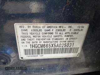 2005 Honda Accord EX-L z VIN 1HGCM665X5A025031, wystawiony jako IAAI lot #42149698 z przebiegiem 216 917 mil mil oraz . Historia ofert i sprzedaży dostępna na DreamBid. Obrazek 9.