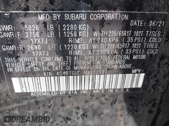 2022 Subaru Outback Wilderness with VIN 4S4BTGUD5N3112137, listed as a IAAI auction lot 41903526 with 77,502 mi miles and . Bid and sale history available at DreamBid. Image 9.