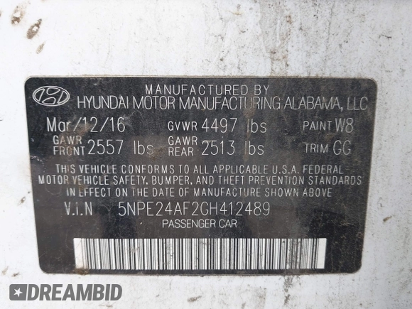2016 Hyundai Sonata 2.4L with VIN 5NPE24AF2GH412489, listed as a IAAI auction lot 42021061 with 209,465 mi miles and . Bid and sale history available at DreamBid. Image 9.