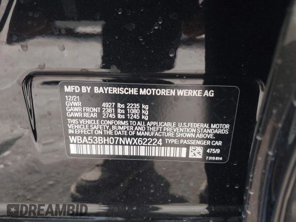 2022 BMW 5 Series 530i с VIN WBA53BH07NWX62224, выставлен на аукционе IAAI как лот 42348984 с пробегом 120 937 миль миль и . История ставок и продаж доступна на DreamBid. Изображение 9.
