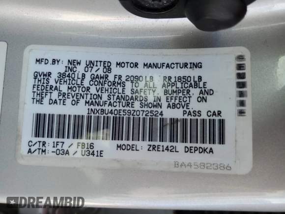 2009 Toyota Corolla with VIN 1NXBU40E59Z072524, listed as a Copart auction lot 51130605 with 218,385 mi miles and Salvage Title. Bid and sale history available at carsss.com. Image 13.
