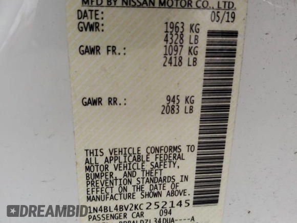 2019 Nissan Altima S with VIN 1N4BL4BV2KC252145, listed as a Copart auction lot 54529545 with 88,614 mi miles and Salvage Title. Bid and sale history available at DreamBid. Image 13.