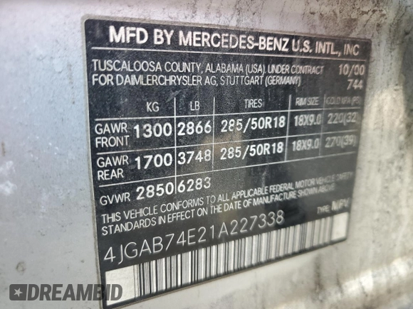 2001 Mercedes-Benz M-Class AMG with VIN 4JGAB74E21A227338, listed as a Copart auction lot 46991495 with 252,783 mi miles and Clean Title. Bid and sale history available at carsss.com. Image 13.
