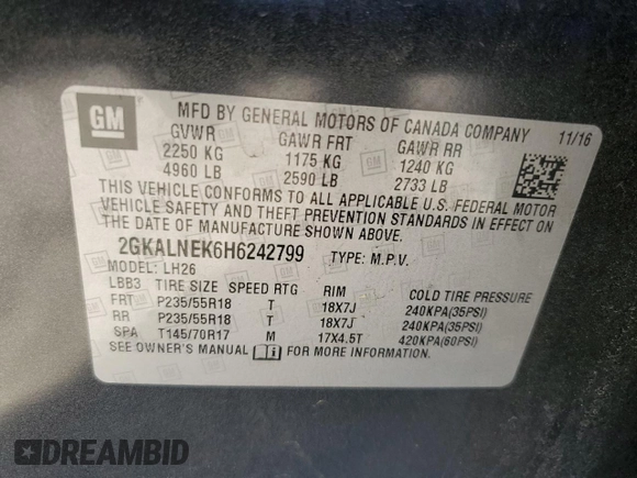 2017 GMC Terrain SLE z VIN 2GKALNEK6H6242799, wystawiony jako Copart lot #55646545 z przebiegiem 123 584 mil mil oraz Szkoda całkowita • Salvage title. Historia ofert i sprzedaży dostępna na DreamBid. Obrazek 13.