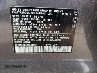 2019 Volkswagen Atlas SEL R-Line with VIN 1V2RR2CA9KC550679, listed as a Copart auction lot 50596155 with 85,482 mi miles and Salvage title. Bid and sale history available at DreamBid. Image 13.