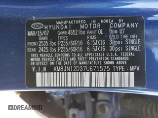 2007 Hyundai Tucson SE with VIN KM8JN12D37U671575, listed as a Copart auction lot 75010934 with 160,661 mi miles and Salvage Title. Bid and sale history available at carsss.com. Image 12.