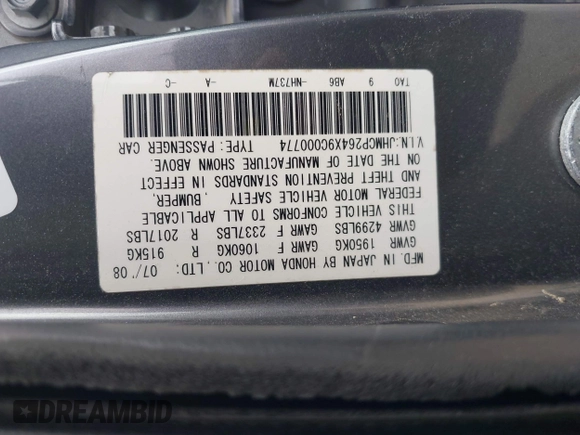 2009 Honda Accord LX-P with VIN JHMCP264X9C000774, listed as a IAAI auction lot 41968307 with 267,681 mi miles and . Bid and sale history available at DreamBid. Image 9.