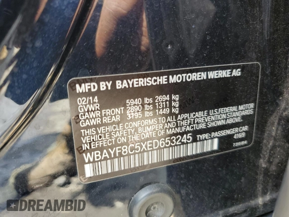 2014 BMW 7 Series ALPINA B7 xDrive with VIN WBAYF8C5XED653245, listed as a Copart auction lot 56010085 with 114,519 mi miles and Salvage title. Bid and sale history available at DreamBid. Image 13.