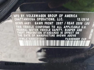 2019 Volkswagen Passat 2.0T Wolfsburg Edition with VIN 1VWLA7A32KC012841, listed as a IAAI auction lot 41539683 with 75,897 mi miles. Bid and sale history available at carsss.com. Image 9.