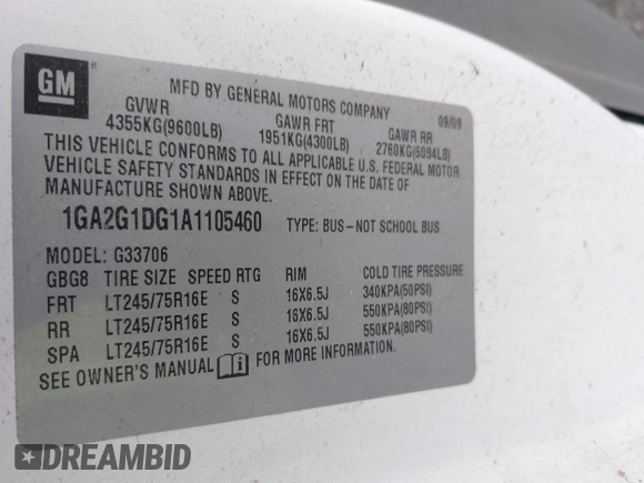 2010 Chevrolet Express Passenger LT with VIN 1GA2G1DG1A1105460, listed as a IAAI auction lot 42183627 with 165,692 mi miles and . Bid and sale history available at DreamBid. Image 9.
