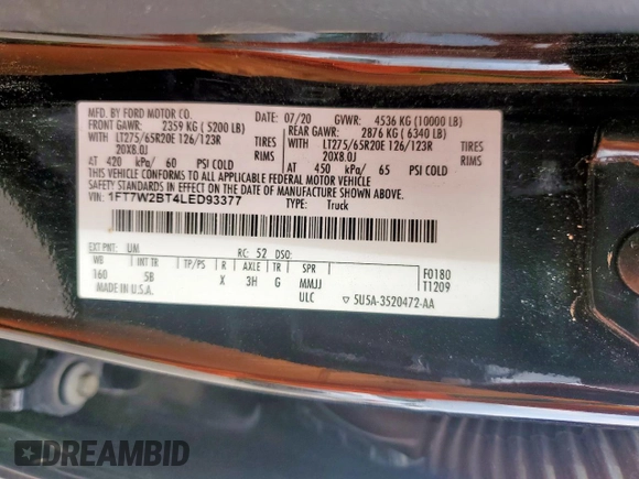2020 Ford F-250 XL с VIN 1FT7W2BT4LED93377, выставлен на аукционе Copart как лот 56536795 с пробегом 77 128 миль миль и Чистый • Clean title. История ставок и продаж доступна на DreamBid. Изображение 12.